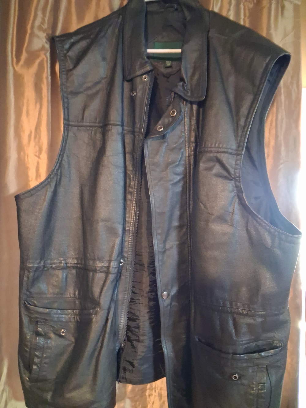 Men's Black Leather Vest with Zip & Snap Front